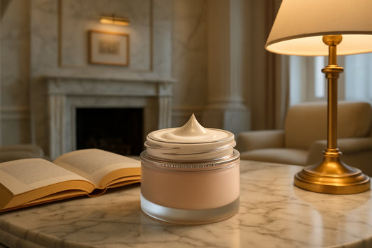 DALL_E_2023-11-30_20.31.50_-_A_can_of_day_cream_placed_on_a_table_filled_with_various_beauty_products._The_scene_includes_an_assortment_of_skincare_items_like_lotions_serums_and.png