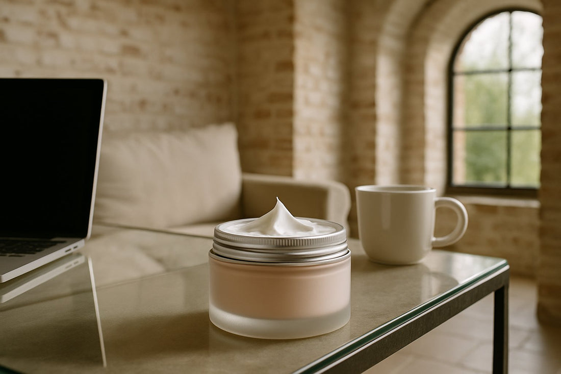 DALL_E_2023-11-30_20.31.50_-_A_can_of_day_cream_placed_on_a_table_filled_with_various_beauty_products._The_scene_includes_an_assortment_of_skincare_items_like_lotions_serums_and.png