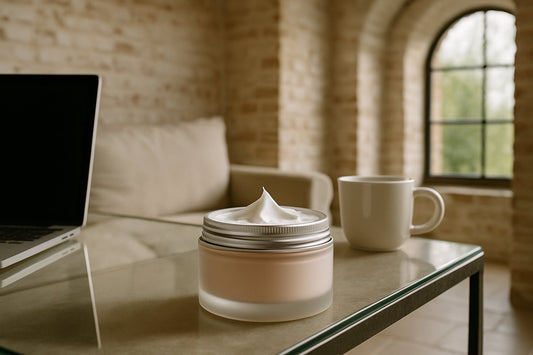 DALL_E_2023-11-30_20.31.50_-_A_can_of_day_cream_placed_on_a_table_filled_with_various_beauty_products._The_scene_includes_an_assortment_of_skincare_items_like_lotions_serums_and.png