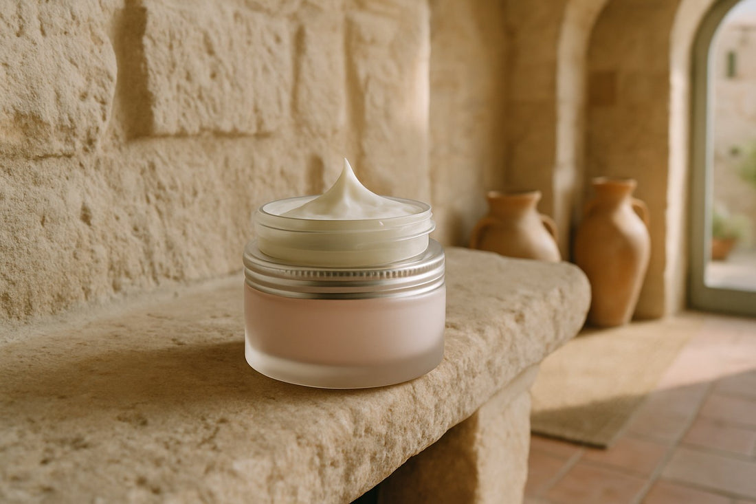 DALL_E_2023-11-30_20.31.50_-_A_can_of_day_cream_placed_on_a_table_filled_with_various_beauty_products._The_scene_includes_an_assortment_of_skincare_items_like_lotions_serums_and.png